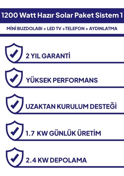 1200 Watt Güneş Enerjili Mini Buzdolabı + Tv + Aydınlatma Hazır Solar Paketi 1 modelleri