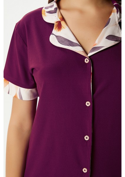 Kadın Andra Mürdüm Çiçek Desen Ön Düğmeli Kısa Kol Alt Üst Pijama Takımı
