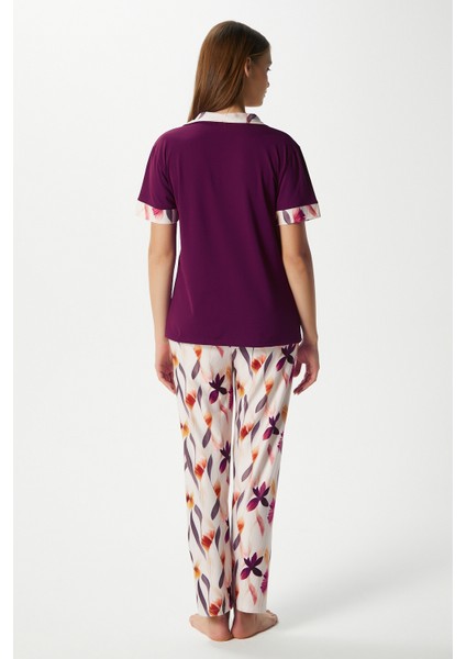 Kadın Andra Mürdüm Çiçek Desen Ön Düğmeli Kısa Kol Alt Üst Pijama Takımı