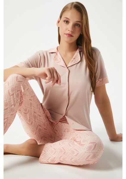 Kadın Andra Pudra Ön Düğmeli Kısa Kol Alt Üst Pijama Takımı