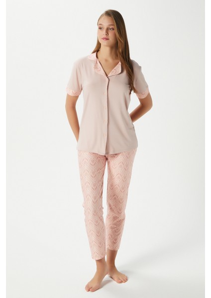 Kadın Andra Pudra Ön Düğmeli Kısa Kol Alt Üst Pijama Takımı modelleri