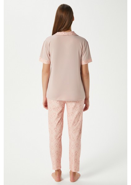Kadın Andra Pudra Ön Düğmeli Kısa Kol Alt Üst Pijama Takımı fırsatları