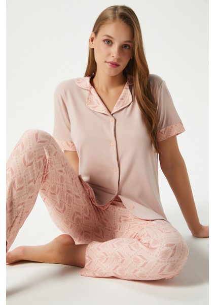Kadın Andra Pudra Ön Düğmeli Kısa Kol Alt Üst Pijama Takımı indirimleri