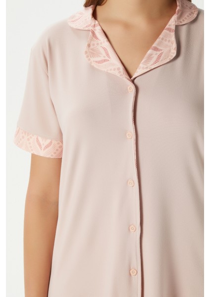 Kadın Andra Pudra Ön Düğmeli Kısa Kol Alt Üst Pijama Takımı