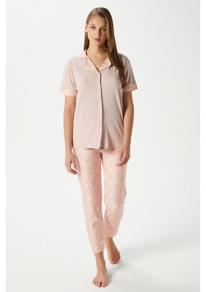 Kadın Andra Pudra Ön Düğmeli Kısa Kol Alt Üst Pijama Takımı