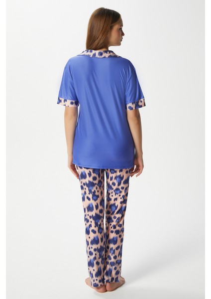 Kadın Andra Mavi Leo Desen Ön Düğmeli Kısa Kol Alt Üst Pijama Takımı