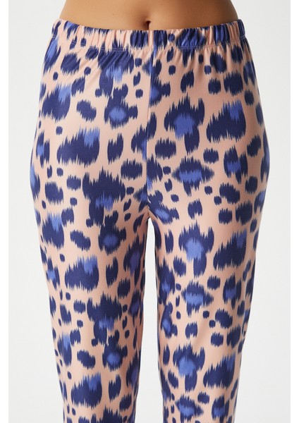 Kadın Andra Mavi Leo Desen Ön Düğmeli Kısa Kol Alt Üst Pijama Takımı