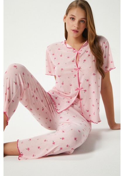 Kadın Juliet Kurdeleli Yumuşak Doku Pembe Çiçekli Pijama Takımı