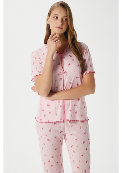 Kadın Juliet Kurdeleli Yumuşak Doku Pembe Çiçekli Pijama Takımı fırsatları