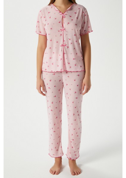 Kadın Juliet Kurdeleli Yumuşak Doku Pembe Çiçekli Pijama Takımı