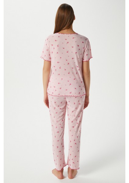 Kadın Juliet Kurdeleli Yumuşak Doku Pembe Çiçekli Pijama Takımı
