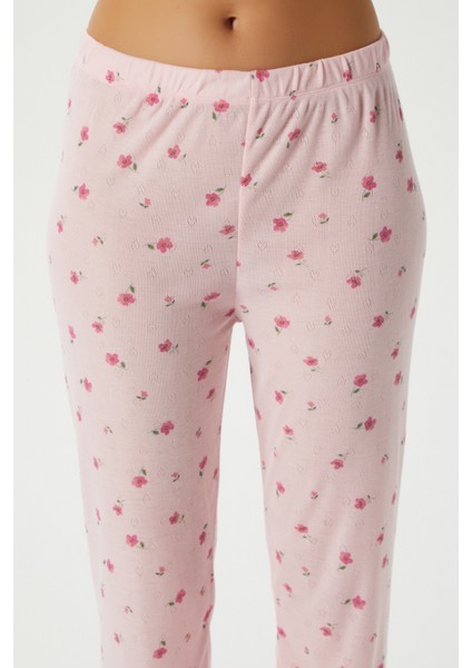 Kadın Juliet Kurdeleli Yumuşak Doku Pembe Çiçekli Pijama Takımı