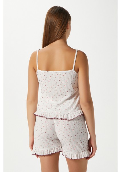 Kadın Paula Pudra Minik Çiçekli Fırfır Şortlu Pijama Takımı fiyatları