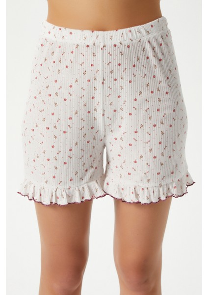 Kadın Paula Pudra Minik Çiçekli Fırfır Şortlu Pijama Takımı