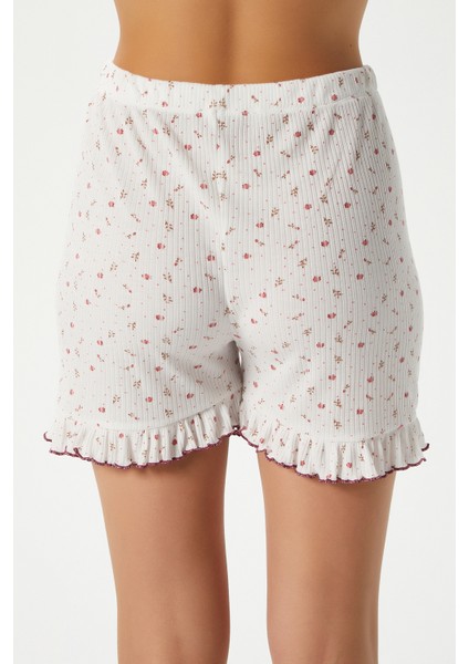 Kadın Paula Pudra Minik Çiçekli Fırfır Şortlu Pijama Takımı