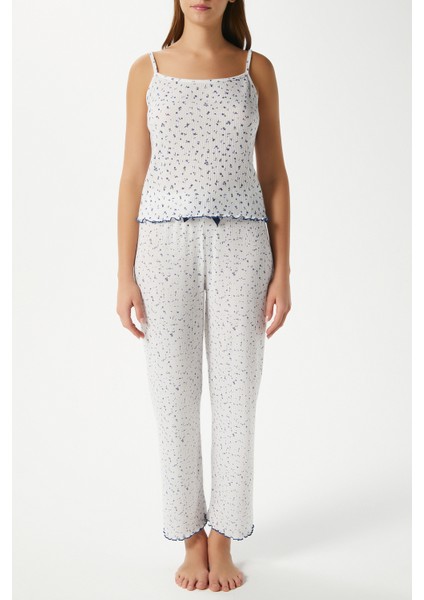 Kadın June Askılı Mavi Minik Çiçekli Alt Üst Pijama Takımı
