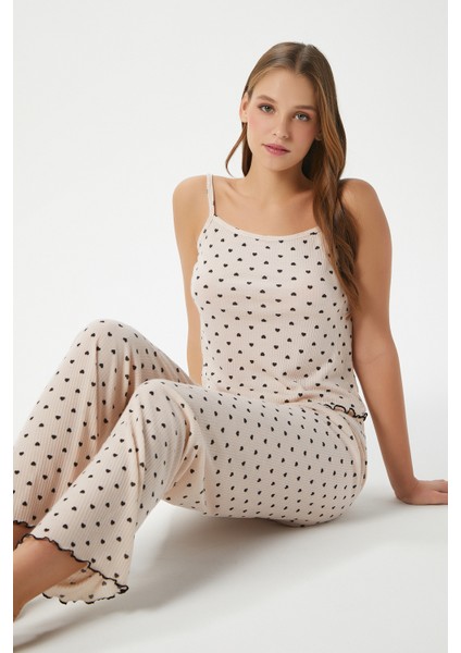 Kadın June Askılı Kalp Desen Pudra Alt Üst Pijama Takımı