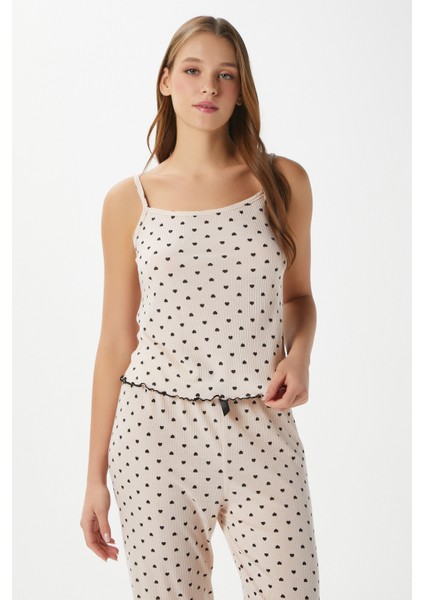 Kadın June Askılı Kalp Desen Pudra Alt Üst Pijama Takımı modelleri