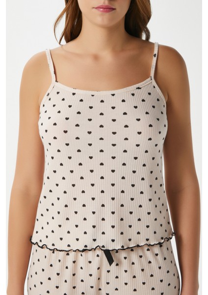 Kadın June Askılı Kalp Desen Pudra Alt Üst Pijama Takımı fırsatları