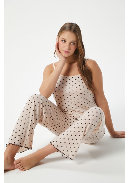 Kadın June Askılı Kalp Desen Pudra Alt Üst Pijama Takımı indirimleri