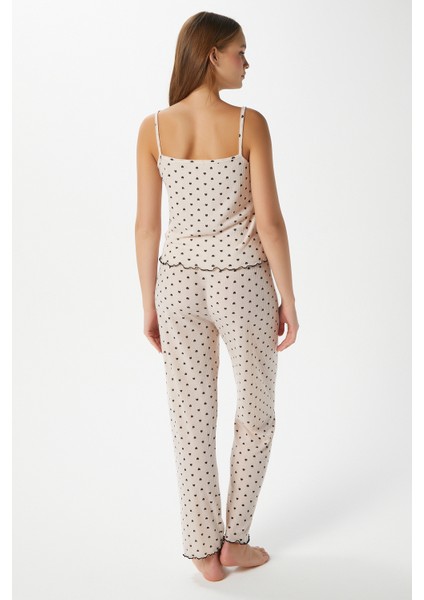 Kadın June Askılı Kalp Desen Pudra Alt Üst Pijama Takımı
