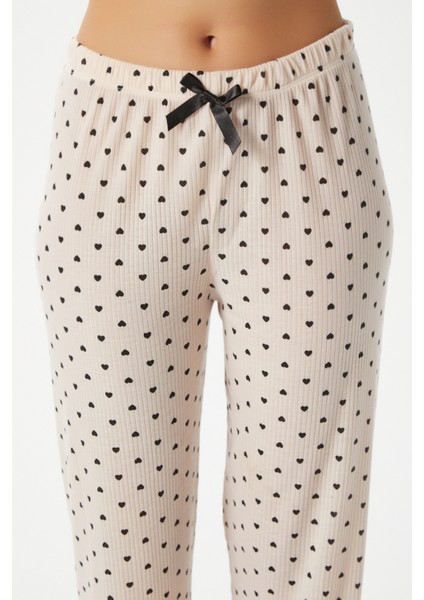 Kadın June Askılı Kalp Desen Pudra Alt Üst Pijama Takımı