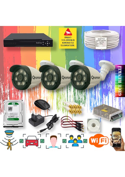 3 Kameralı Set - Yapay Zeka Özellikli Gece Renkli Gösteren 8 Warm Ledli TurboHD Güvenlik Kamerası Seti 3908W-104