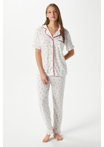 Kadın Fırfırlı Kiraz Ön Düğmeli Kısa Kol Alt Üst Pijama Takımı