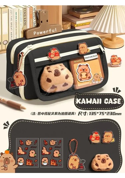 Büyük Kapasiteli Kalem Çantası Capya Çizgi Film Broşları ile Broşlar ile Tuval Kırtasiye Tutucu Çanta Klipler Anahtarlıklar Çocuk Kalem Casecolor: Siyah Temel Set (Yurt Dışından)