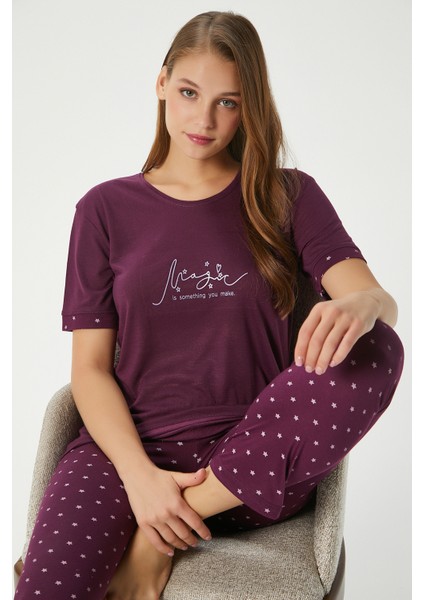 Kadın Magic Viskon Bisiklet Yaka Kısa Kol Mürdüm Alt Üst Pijama Takımı