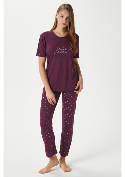 Kadın Magic Viskon Bisiklet Yaka Kısa Kol Mürdüm Alt Üst Pijama Takımı fiyatları