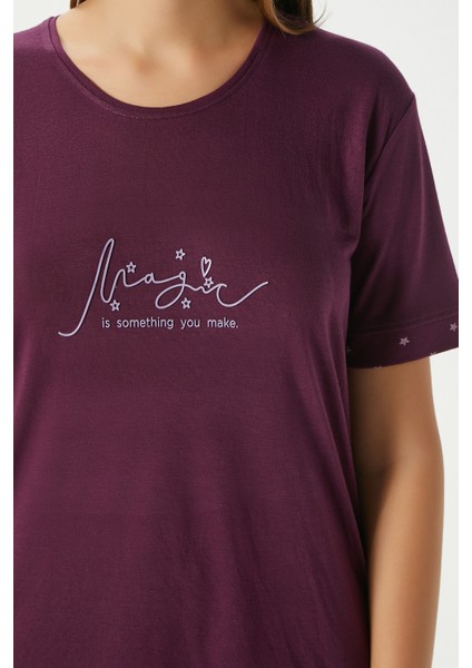 Kadın Magic Viskon Bisiklet Yaka Kısa Kol Mürdüm Alt Üst Pijama Takımı modelleri