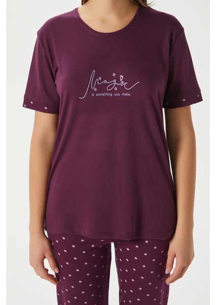 Kadın Magic Viskon Bisiklet Yaka Kısa Kol Mürdüm Alt Üst Pijama Takımı