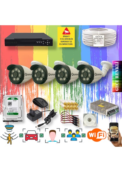 4 Kameralı Set - Yapay Zeka Özellikli Gece Renkli Gösteren 8 Warm Ledli TurboHD Güvenlik Kamerası Seti 3908W-104
