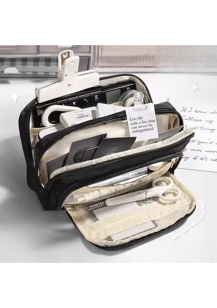 3 Katmanlar Büyük Kapasiteli Kalem Torbası Estetik Kalem Kasa Büyük Kırtasiye Çantası Fermuarlı Kalem Çantası Çocuklar Kalem Çantası Okul Malzemeleri Renk: Siyah (Yurt Dışından)