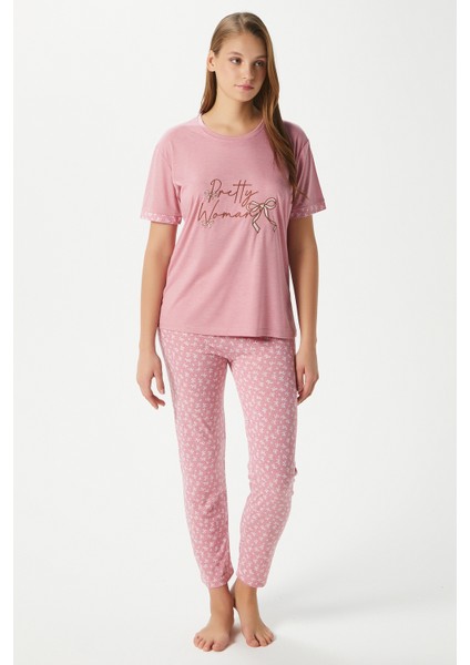 Kadın Pretty Woman Viskon Bisiklet Yaka Kısa Kol Pembe Alt Üst Pijama Takımı fiyatları