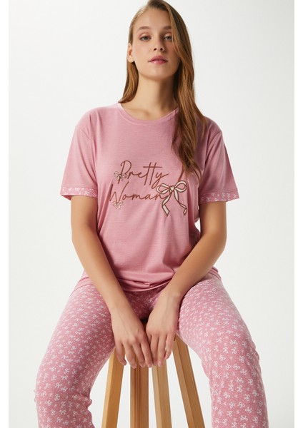Kadın Pretty Woman Viskon Bisiklet Yaka Kısa Kol Pembe Alt Üst Pijama Takımı modelleri