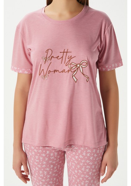 Kadın Pretty Woman Viskon Bisiklet Yaka Kısa Kol Pembe Alt Üst Pijama Takımı fırsatları