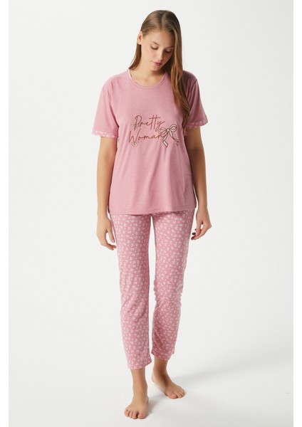 Kadın Pretty Woman Viskon Bisiklet Yaka Kısa Kol Pembe Alt Üst Pijama Takımı indirimleri