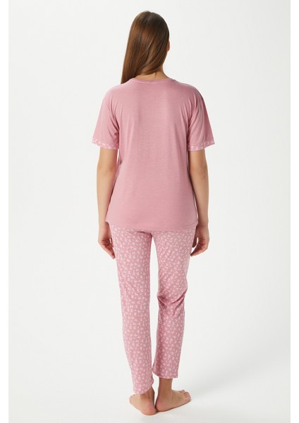 Kadın Pretty Woman Viskon Bisiklet Yaka Kısa Kol Pembe Alt Üst Pijama Takımı