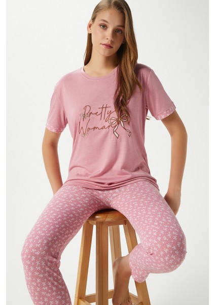 Kadın Pretty Woman Viskon Bisiklet Yaka Kısa Kol Pembe Alt Üst Pijama Takımı