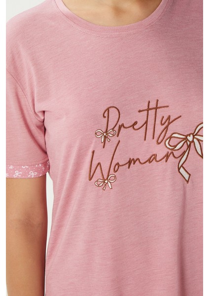 Kadın Pretty Woman Viskon Bisiklet Yaka Kısa Kol Pembe Alt Üst Pijama Takımı