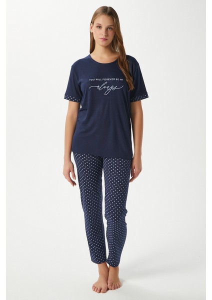 Kadın Always Viskon Bisiklet Yaka Kısa Kol Lacivert Alt Üst Pijama Takımı
