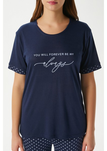 Kadın Always Viskon Bisiklet Yaka Kısa Kol Lacivert Alt Üst Pijama Takımı modelleri