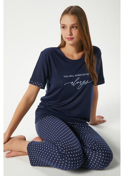 Kadın Always Viskon Bisiklet Yaka Kısa Kol Lacivert Alt Üst Pijama Takımı