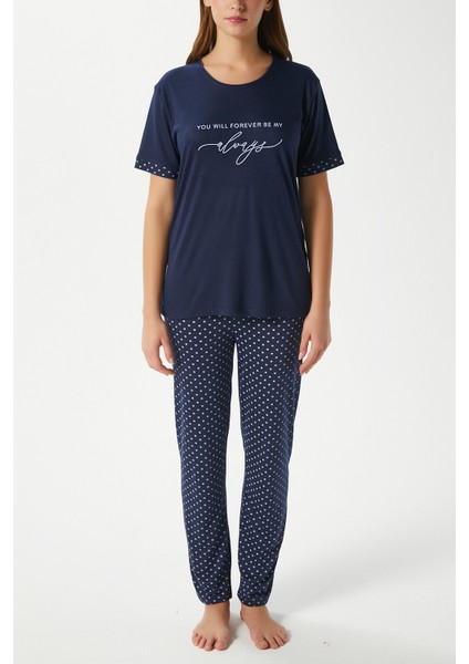 Kadın Always Viskon Bisiklet Yaka Kısa Kol Lacivert Alt Üst Pijama Takımı