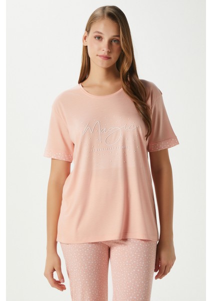 Kadın Magic Viskon Bisiklet Yaka Kısa Kol Somon Alt Üst Pijama Takımı