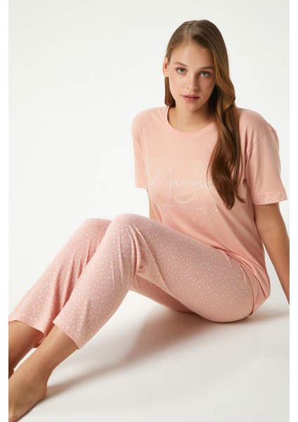 Kadın Magic Viskon Bisiklet Yaka Kısa Kol Somon Alt Üst Pijama Takımı modelleri