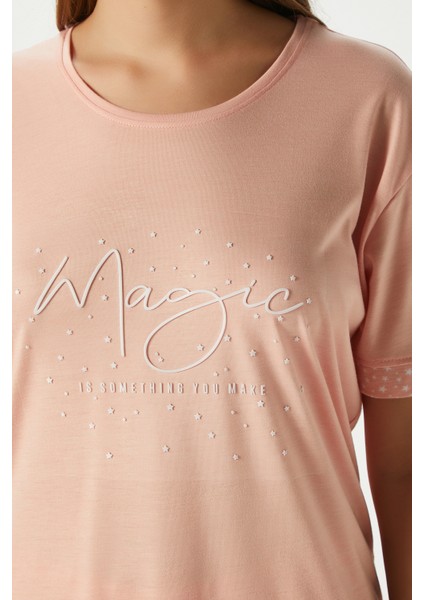 Kadın Magic Viskon Bisiklet Yaka Kısa Kol Somon Alt Üst Pijama Takımı