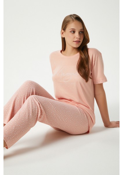 Kadın Magic Viskon Bisiklet Yaka Kısa Kol Somon Alt Üst Pijama Takımı